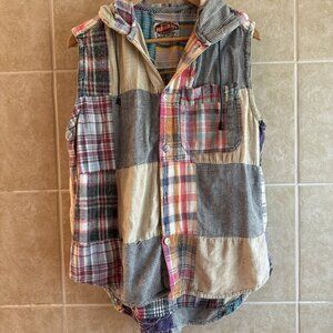 Vintage 90s Paragraff Vest Mens M Plaid Patchwork Flannel Hooded Button Grunge